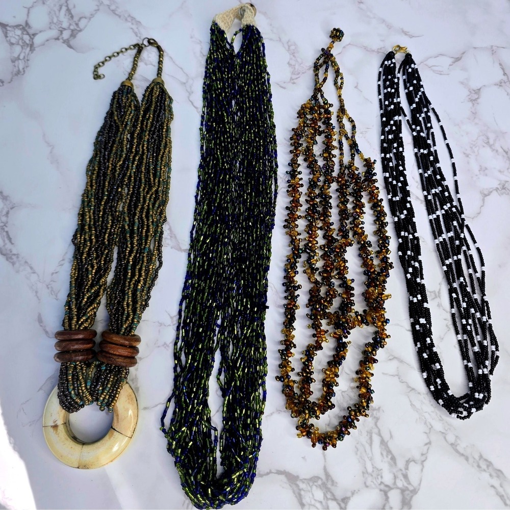 4pc Seed Bead Necklace Lot Bohemian Tribal Multi Strand Wood Carved Ring Bundle